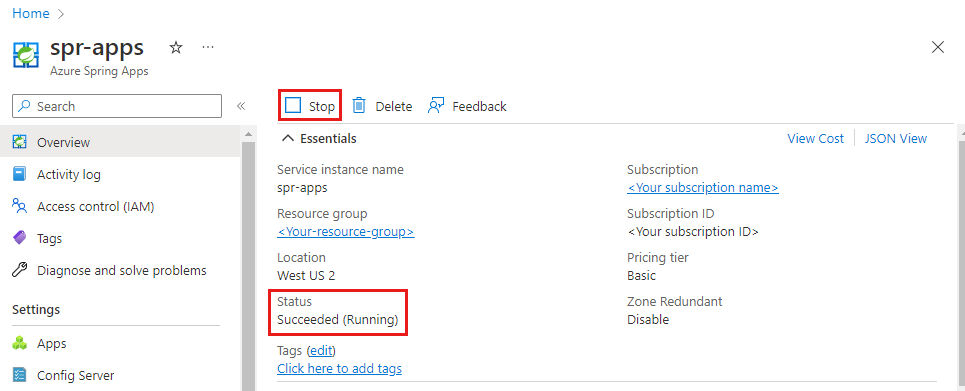 Durdur düğmesinin ve Durum değerinin vurgulandığı Azure Spring Apps Genel Bakış sayfasını gösteren Azure portalının ekran görüntüsü.