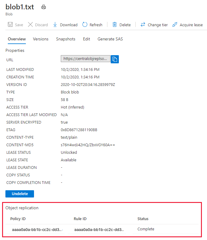 Screenshot showing replication status for a blob in the source account