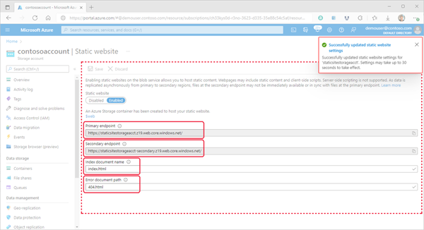 Azure portal içindeki Statik web sitesi özelliklerini gösteren görüntü