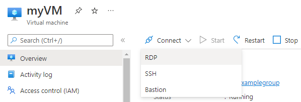 Azure portalında R D P'nin vurgulandığı Bağlan düğmesini gösteren ekran görüntüsü.