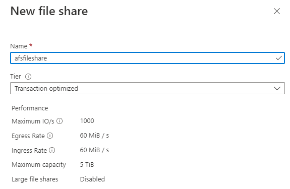 Azure portalını kullanarak yeni dosya paylaşımı oluşturmayı gösteren ekran görüntüsü.