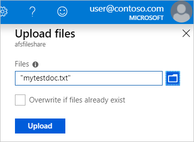 Azure portalını kullanarak bir dosyaya göz atma ve yeni dosya paylaşımına yükleme adımlarını gösteren ekran görüntüsü.