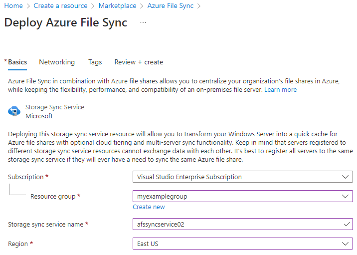 Azure portalında Depolama Eşitleme Hizmeti'nin nasıl dağıtılacağı gösteren ekran görüntüsü.