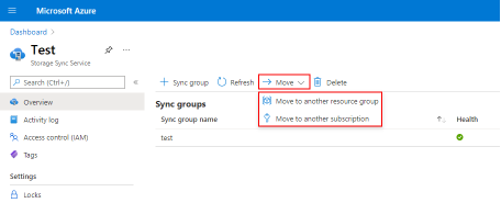 Taşı komutunun genişletilmiş olduğu depolama eşitleme hizmeti kaynağının Azure portalını gösteren görüntü. Kaynak grubu taşıma ve abonelik taşıma seçeneklerini gösterir.