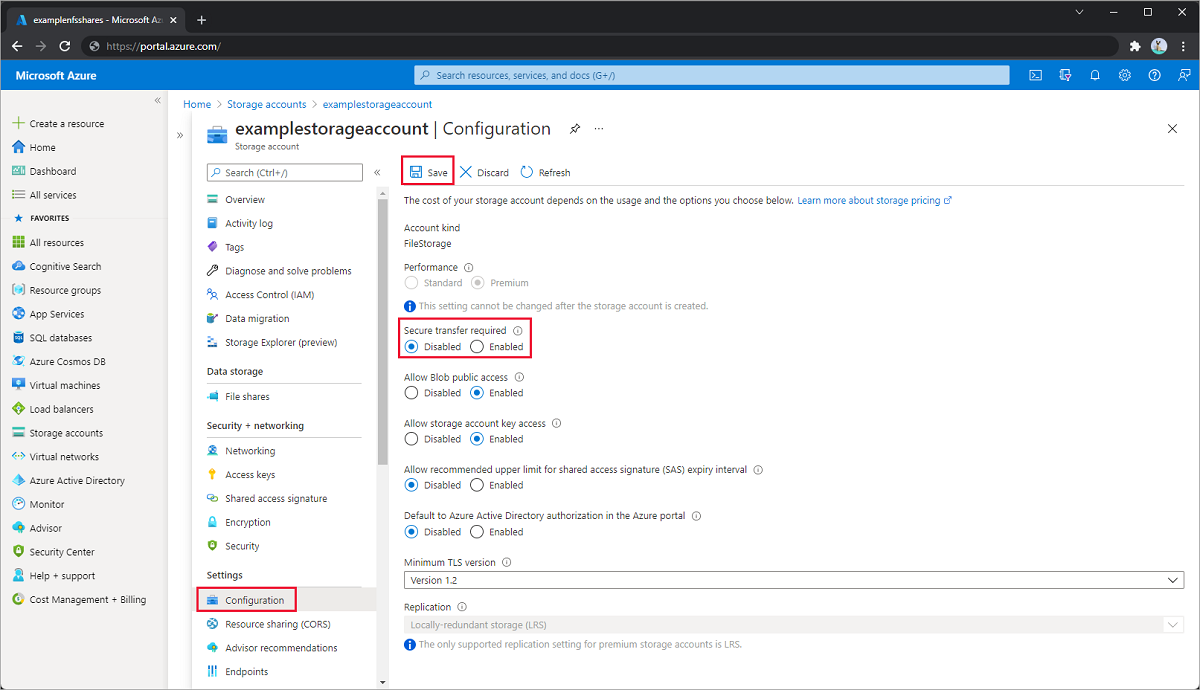 Screenshot of storage account configuration screen with secure transfer disabled.