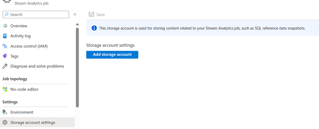 Stream Analytics işinin Depolama hesabı ayarları sayfasının ekran görüntüsü.