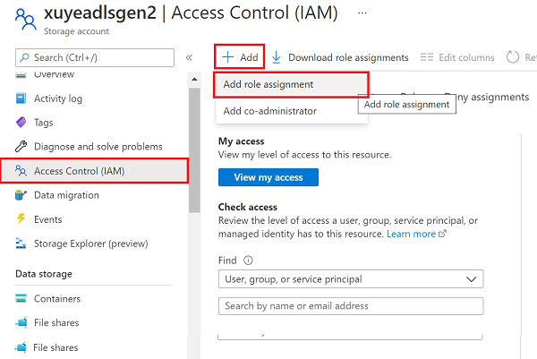 Data Lake Storage 2. Nesil hesabının 'Access Control (IAM)' bölmesinin ekran görüntüsü.