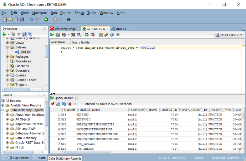 Oracle SQL Developer'da işlevlerin listesini sorgulamayı gösteren ekran görüntüsü.