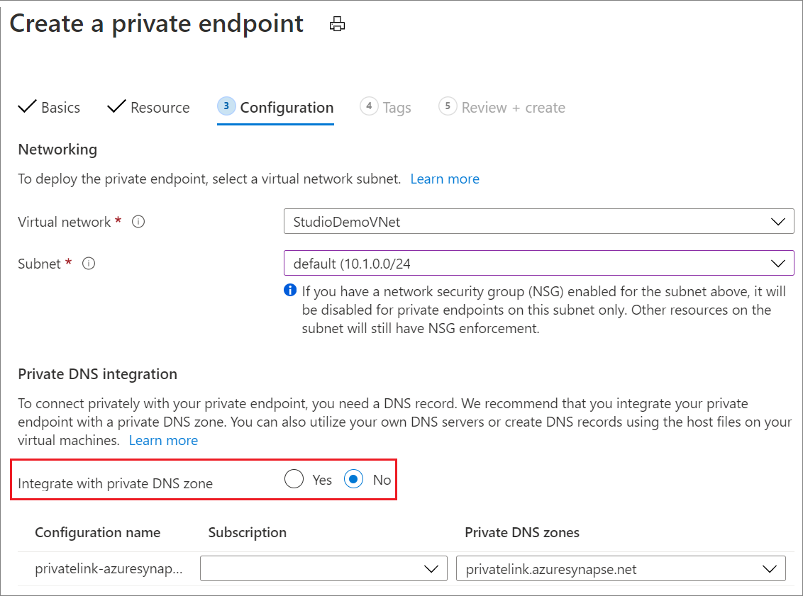 Synapse özel DNS bölgesi oluşturma 1'in ekran görüntüsü.