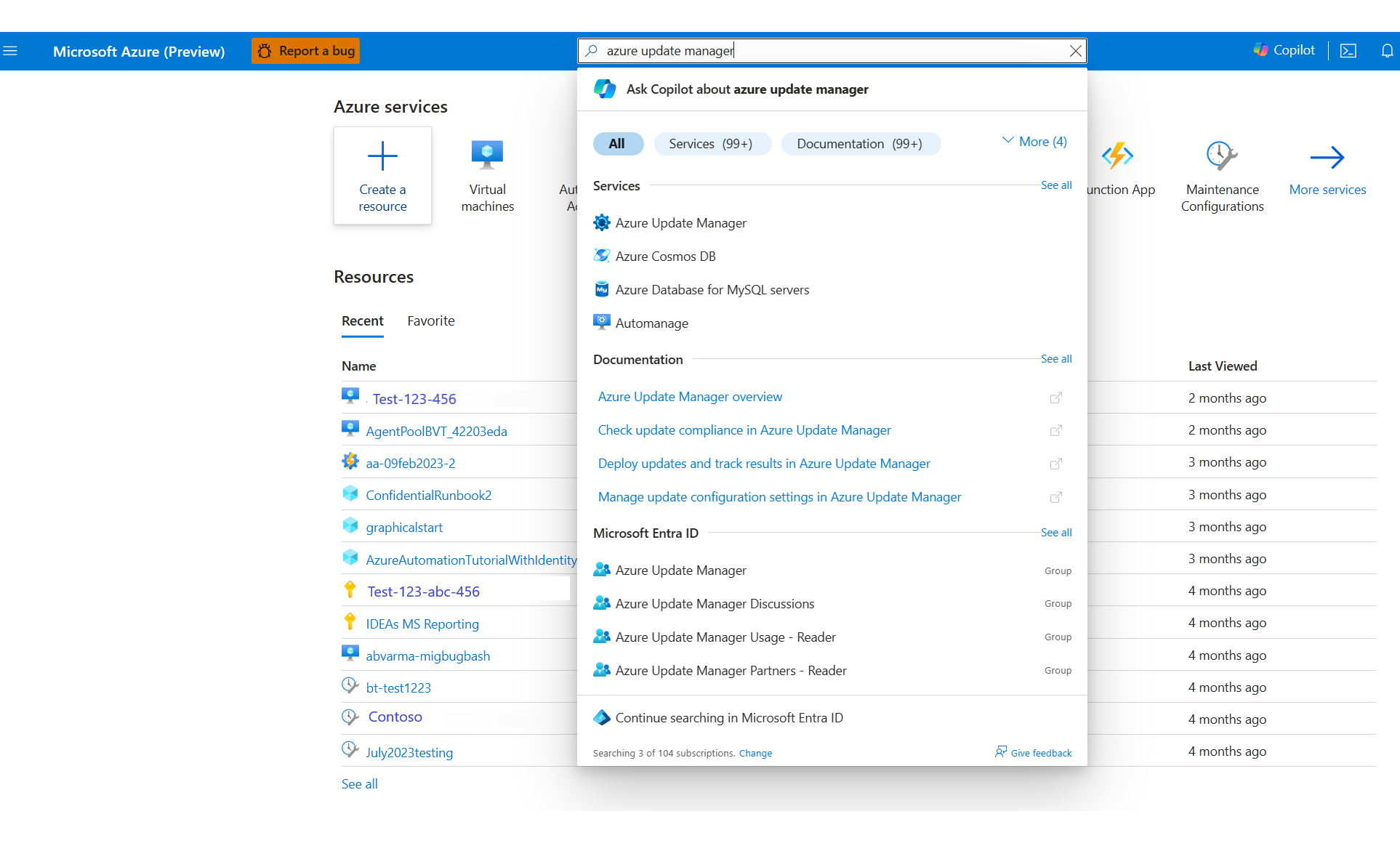 Azure portalından Azure Update Manager'ı seçme işleminin ekran görüntüsü.