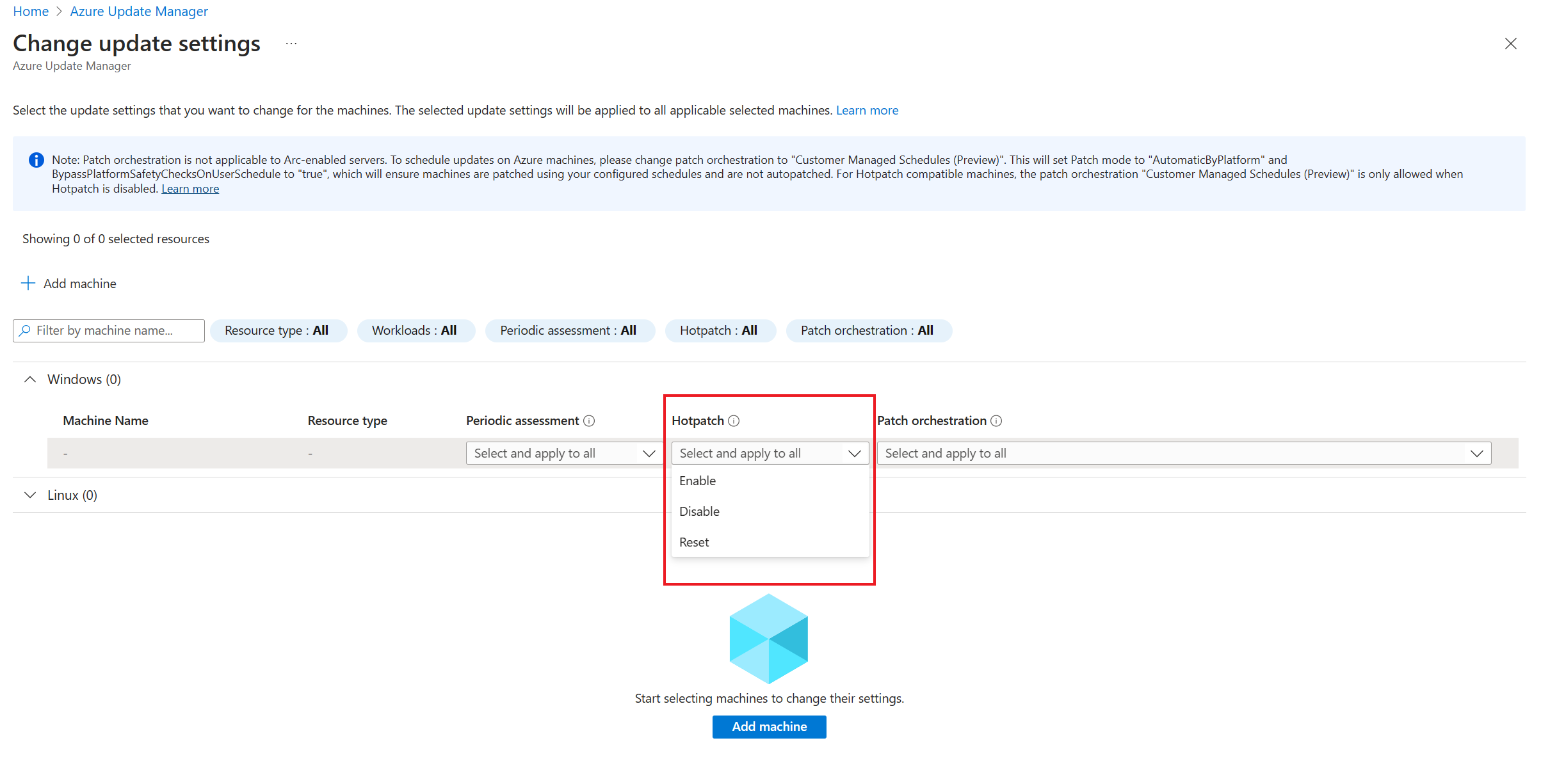 Hotpatch seçeneğini gösteren ekran görüntüsü.