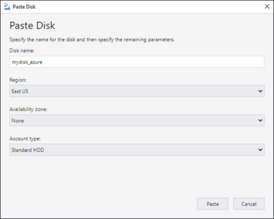 Azure Depolama Gezgini'nin Disk Yapıştır formunun ekran görüntüsü.