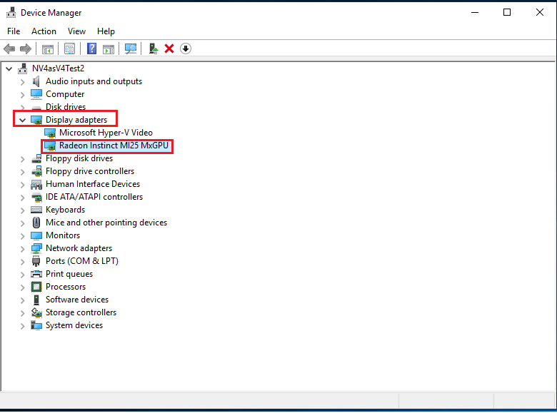 Azure NVv4 VM'sinde Radeon Instinct MI25 kartının başarılı yapılandırmasını gösteren ekran görüntüsü.