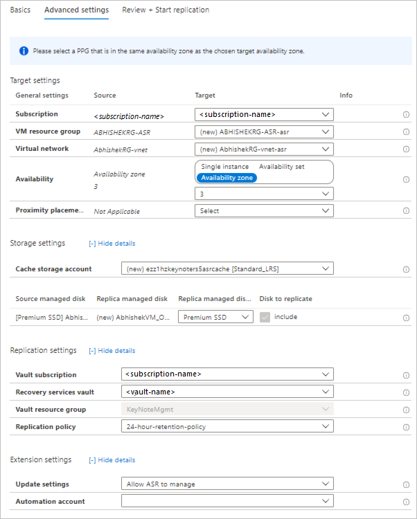 Page showing summary of target and replication settings.