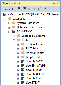 BANKDEMO table expanded in Object Explorer