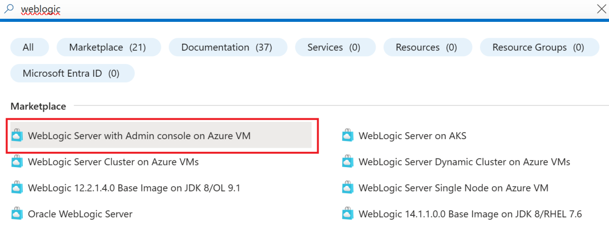 Arama sonuçlarında WebLogic Server'ın gösterildiği Azure portalının ekran görüntüsü.