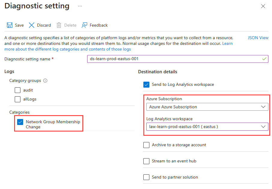 Screenshot of Diagnostic settings page for setting up Log Analytics workspace.
