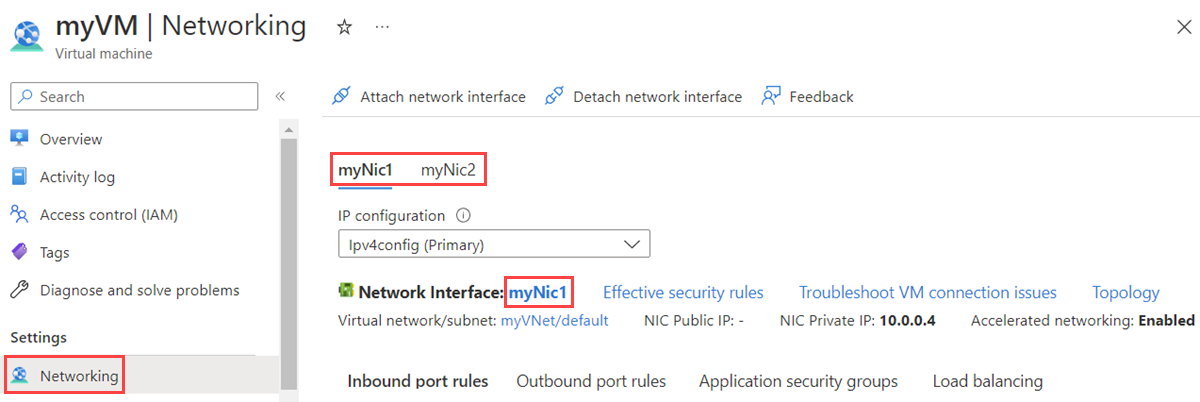 Azure portalında bir sanal makineye eklenmiş ağ arabiriminin ekran görüntüsü.