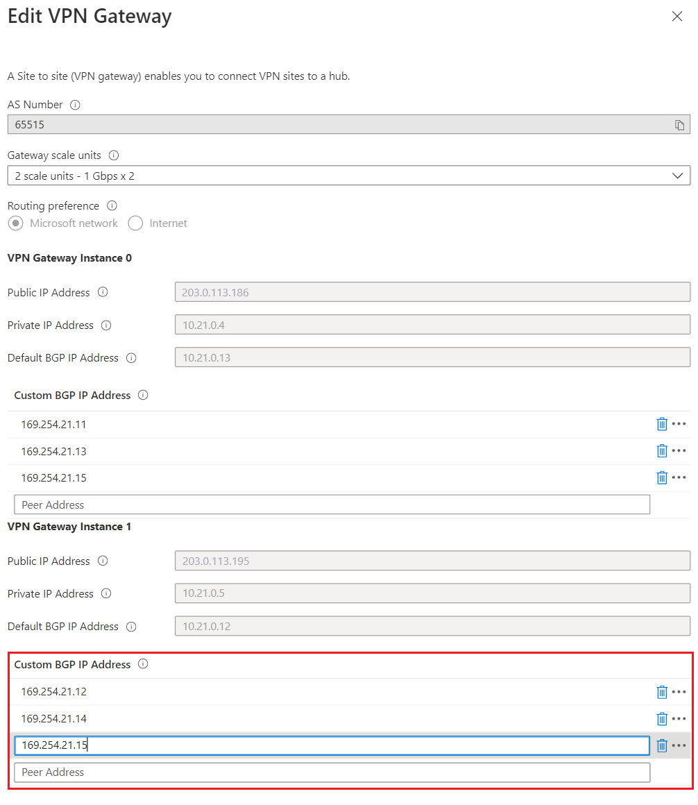 Düzenle düğmesinin vurgulandığı VPN Gateway'i Düzenle sayfasını gösteren ekran görüntüsü.