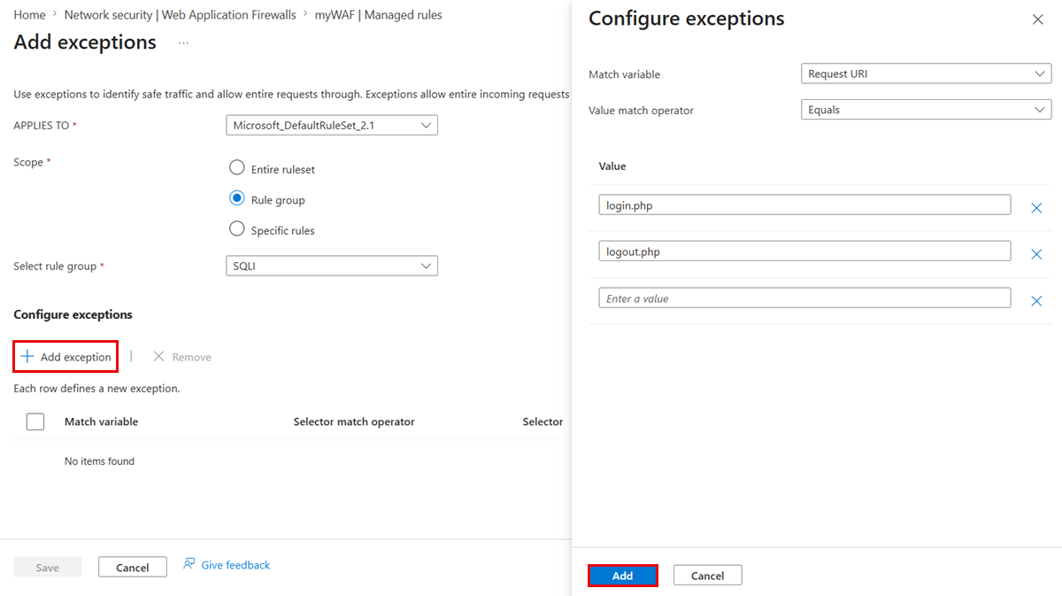 Azure portalındaki bir WAF ilkesinde özel durum için eşleşme değişkeninin, değer eşleştirme işlecinin ve değerlerin nasıl yapılandırıldığını gösteren ekran görüntüsü.