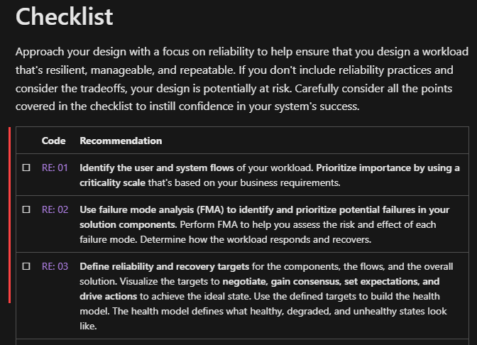 Well-Architected Framework'ün denetim listesini gösteren ekran görüntüsü.