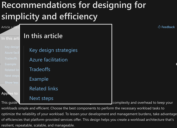 Well-Architected Framework için öneri kılavuzlarını gösteren ekran görüntüsü.