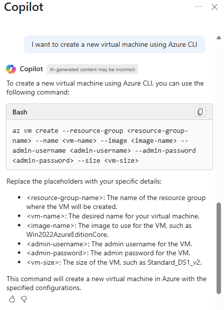 <Azure'da sanal makine oluşturmak için bir Azure CLI betiği sağlayan Copilot'un ekran görüntüsü.>
