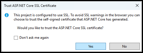 ASP.NET Core SSL Sertifikasına Güven iletişim kutusu