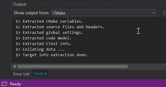 Çıkış penceresinin ekran görüntüsü. Çıkış göster: açılan listesi CMake olarak ayarlanır.