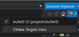 Çözüm Gezgini'ndeki Çözümler ve Klasörler düğmesinin ekran görüntüsü. Seçili, c:\projects\bullet3 seçeneğinin bulunduğu bir açılan menü ve seçilen CMake Hedefleri Görünümü için başka bir seçenek gösterilir.