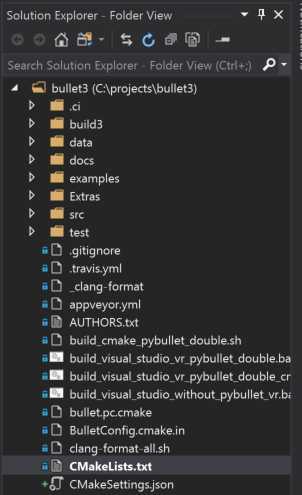 Klasör Görünümü modunda Çözüm Gezgini penceresinin ekran görüntüsü. Projenin içeriğini (dosyalar ve klasörler) görüntüler ve CMakeLists.txt vurgulanır.