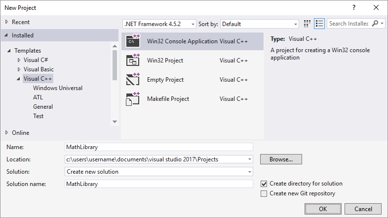 Visual Studio 2015'te Ad metin kutusunda MathLibrary'yi gösteren Yeni Proje iletişim kutusunun ekran görüntüsü.