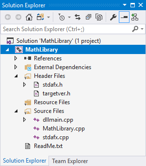 Visual Studio 2015'te MathLibrary vurgulanmış şekilde Çözüm Gezgini penceresinin ekran görüntüsü.
