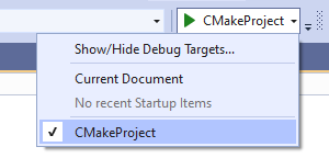 Visual Studio hata ayıklama açılan menüsünün ekran görüntüsü. CMakeProject seçildi.