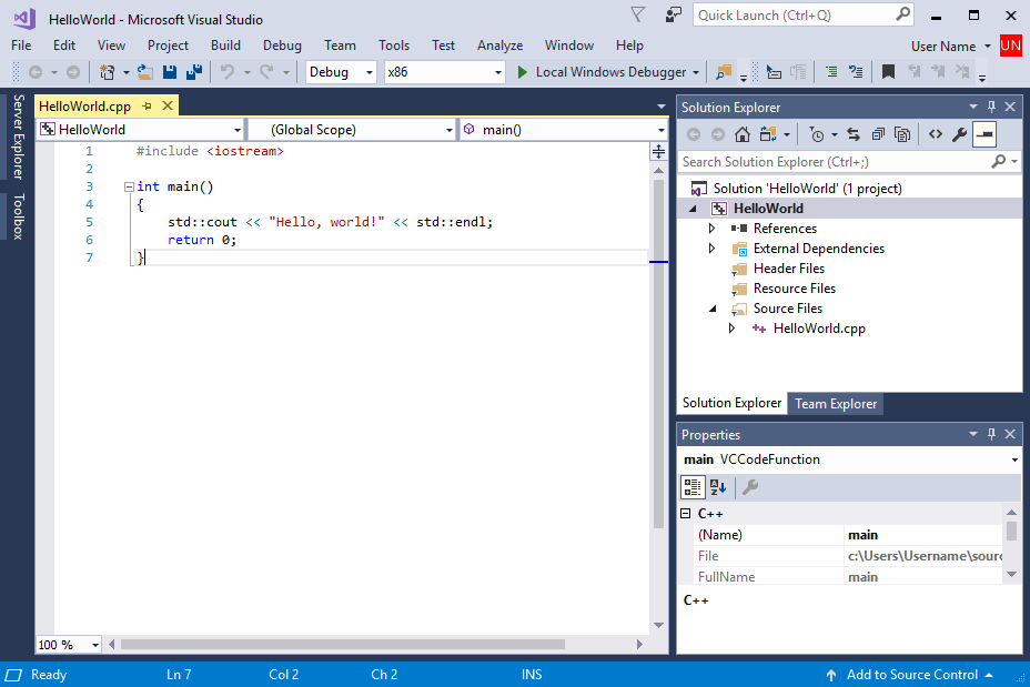 Visual Studio düzenleyicisinde Hello World kaynak kodunun ekran görüntüsü.