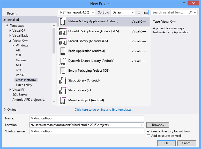 Screenshot of using the New Project dialog to create a Native Activity project.