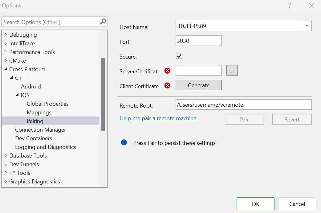 Screenshot of the Tools Options dialog for iOS pairing. The host name, the port, the Secure checkbox, and the Remote Root values are set.