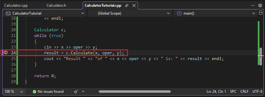 Satırdaki koşullu kesme noktasında program yürütmesinin durdurulduğu Visual Studio düzenleyicisinin ekran görüntüsü: sonuç = c.Calculate(x, oper, y);.