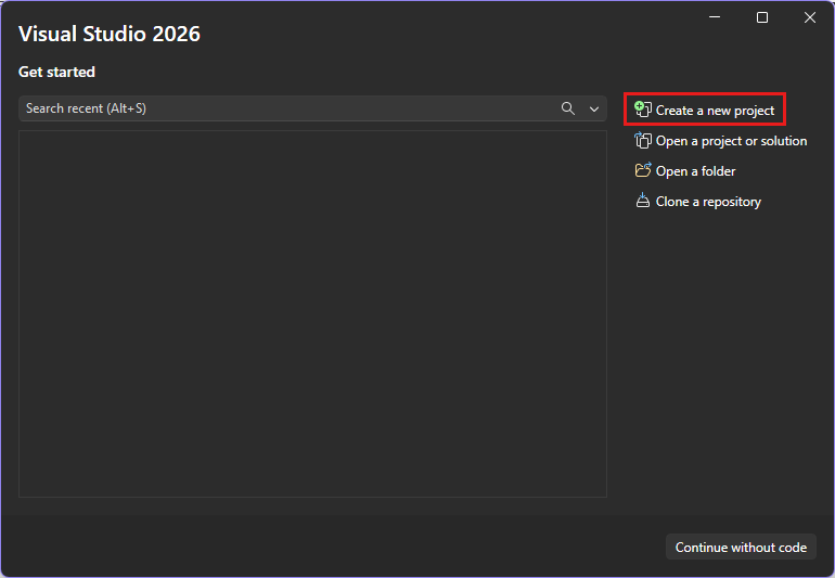 yeni proje oluştur seçeneği vurgulanmış Visual Studio başlatıldığında görüntülenen iletişim kutusunun ekran görüntüsü.