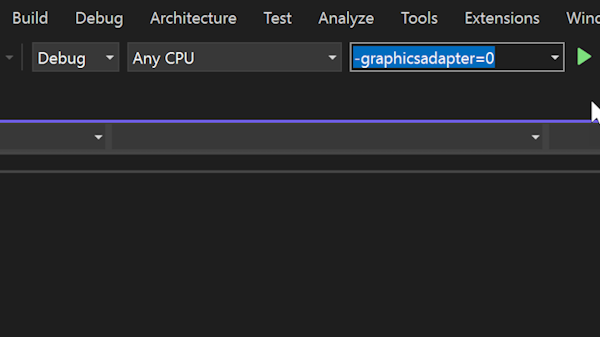 Komut satırı argümanı açılır listesinin ekran görüntüsü. Bir komut satırı argümanı içerir: -graphicsadaptor=0.
