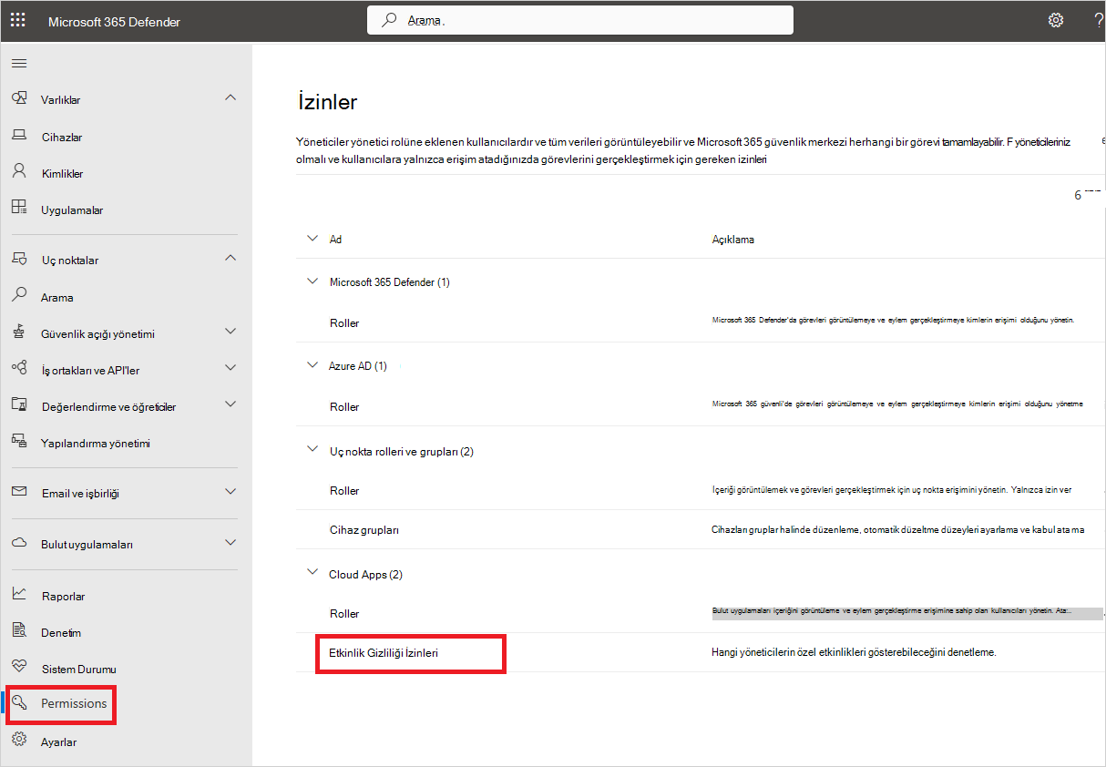 Etkinlik Gizlilik İzinlerini yapılandırın.