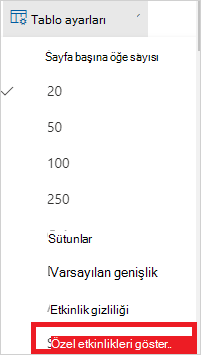 Etkinlik günlüğü ayarları simgesini gösteren ekran görüntüsü.