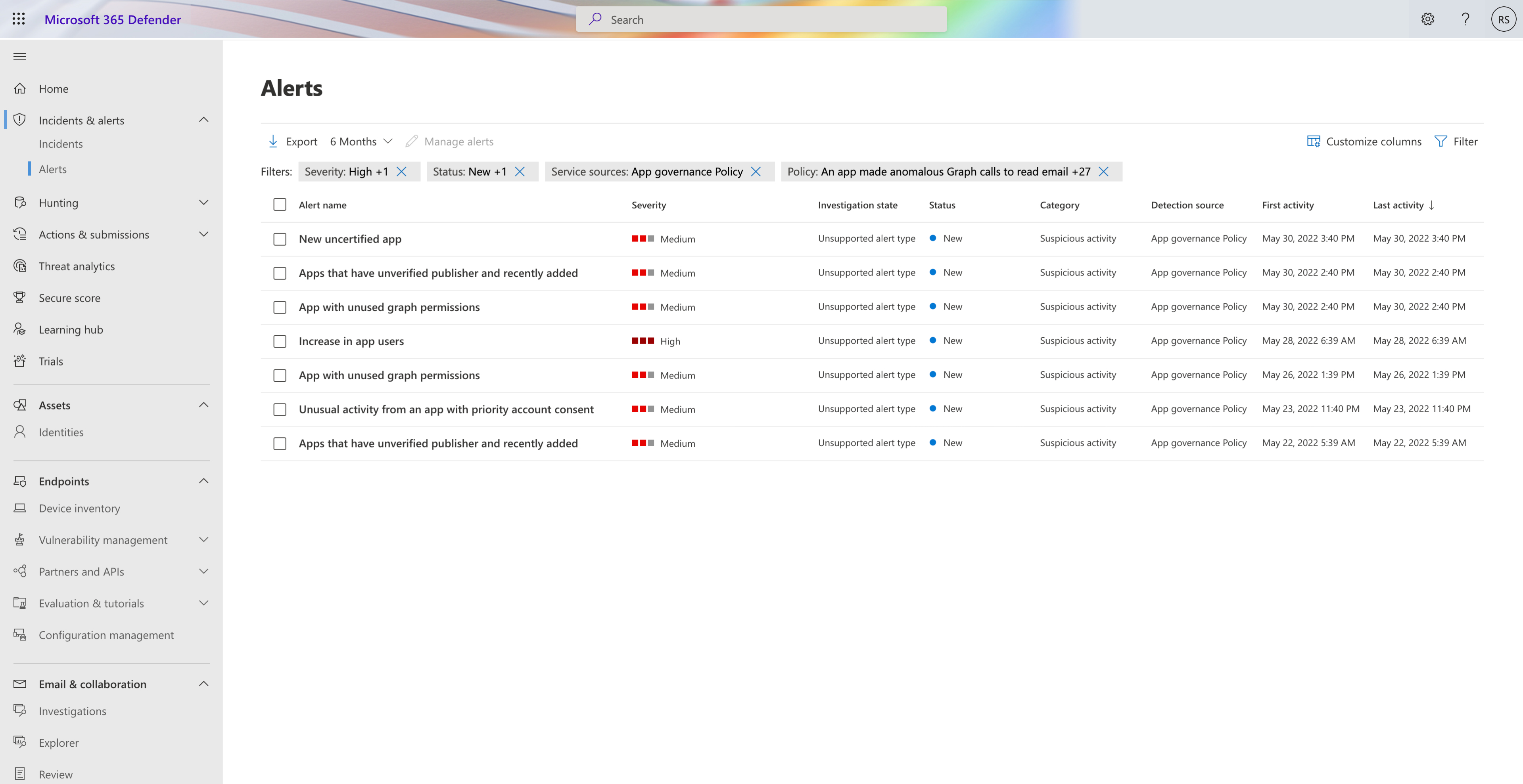 Screenshot of the app governance alerts summary page in the Microsoft 365 Defender.