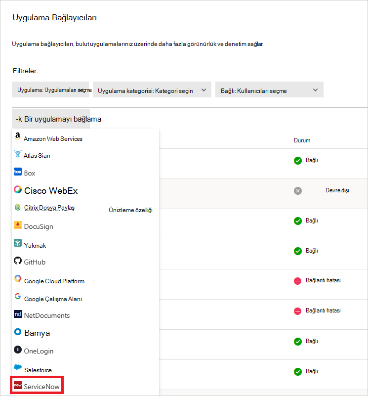 Defender portalında ServiceNow bağlayıcısının nerede bulunduğunu gösteren ekran görüntüsü.