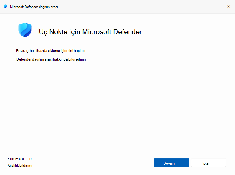 Defender dağıtım aracını etkileşimli modda çalıştırmayı gösteren ekran görüntüsü.