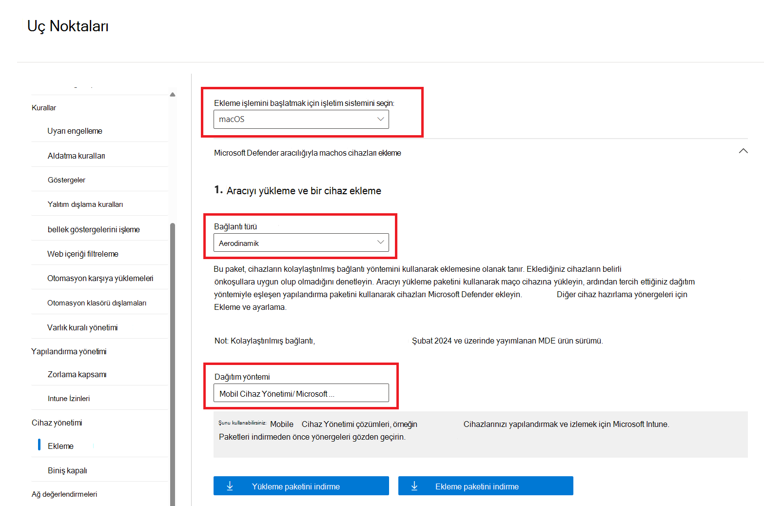 Mobil Cihaz Yönetimi / Microsoft Intune Dağıtım yönteminin vurgulandığı Ekleme sayfasının ekran görüntüsü.