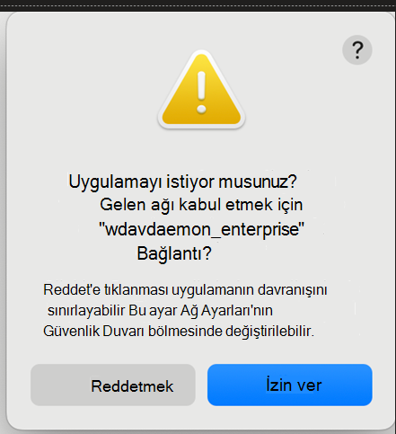 Gelen ağ bağlantıları hakkındaki istemleri gösteren ekran görüntüsü.