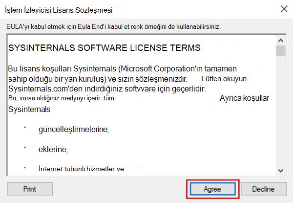 İşlem İzleyicisi Lisans Sözleşmesi'ni gösteren ekran görüntüsü.