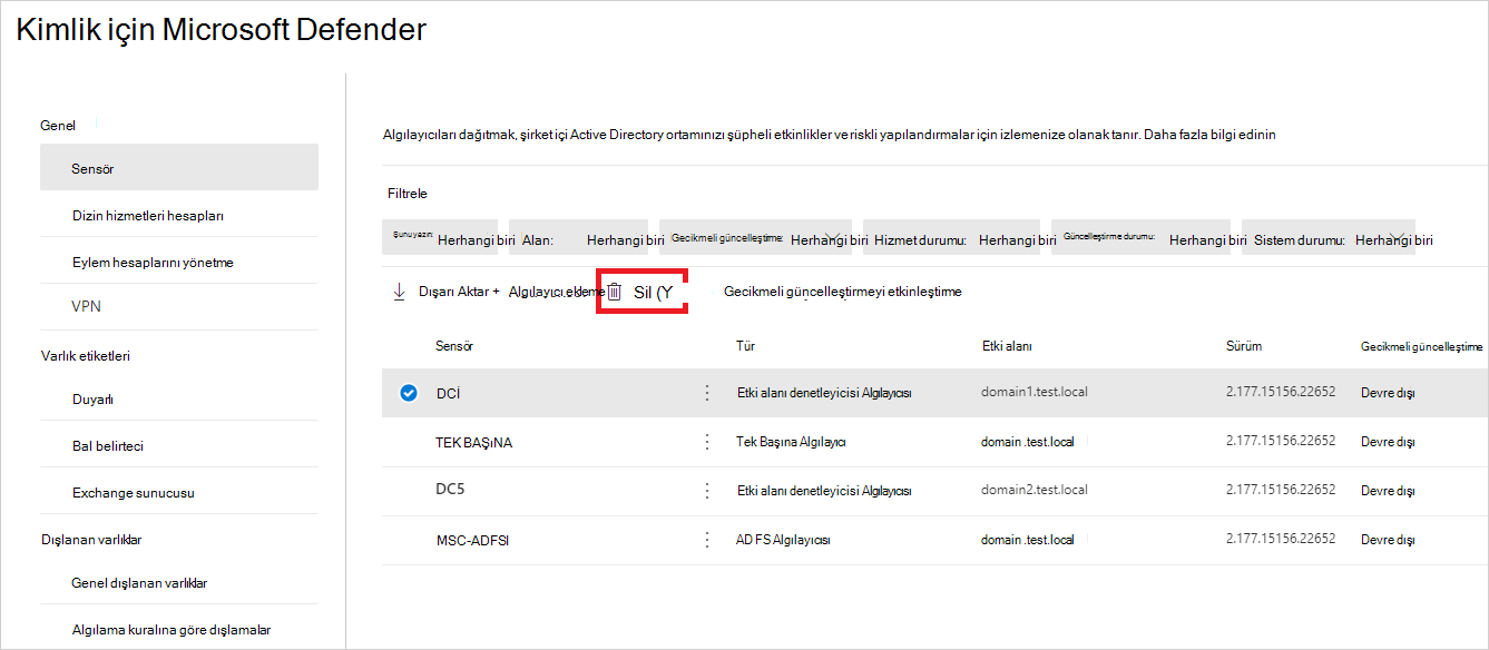 Defender for Identity sensörler sayfasının ekran görüntüsü, yetim bir sensör için silme seçeneğini gösteriyor.