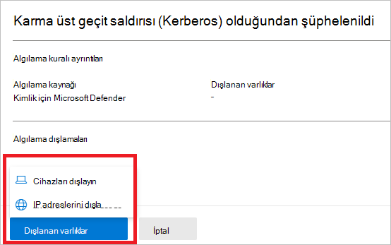 Cihazları veya IP adreslerini dışlama seçeneklerini gösteren ekran görüntüsü.